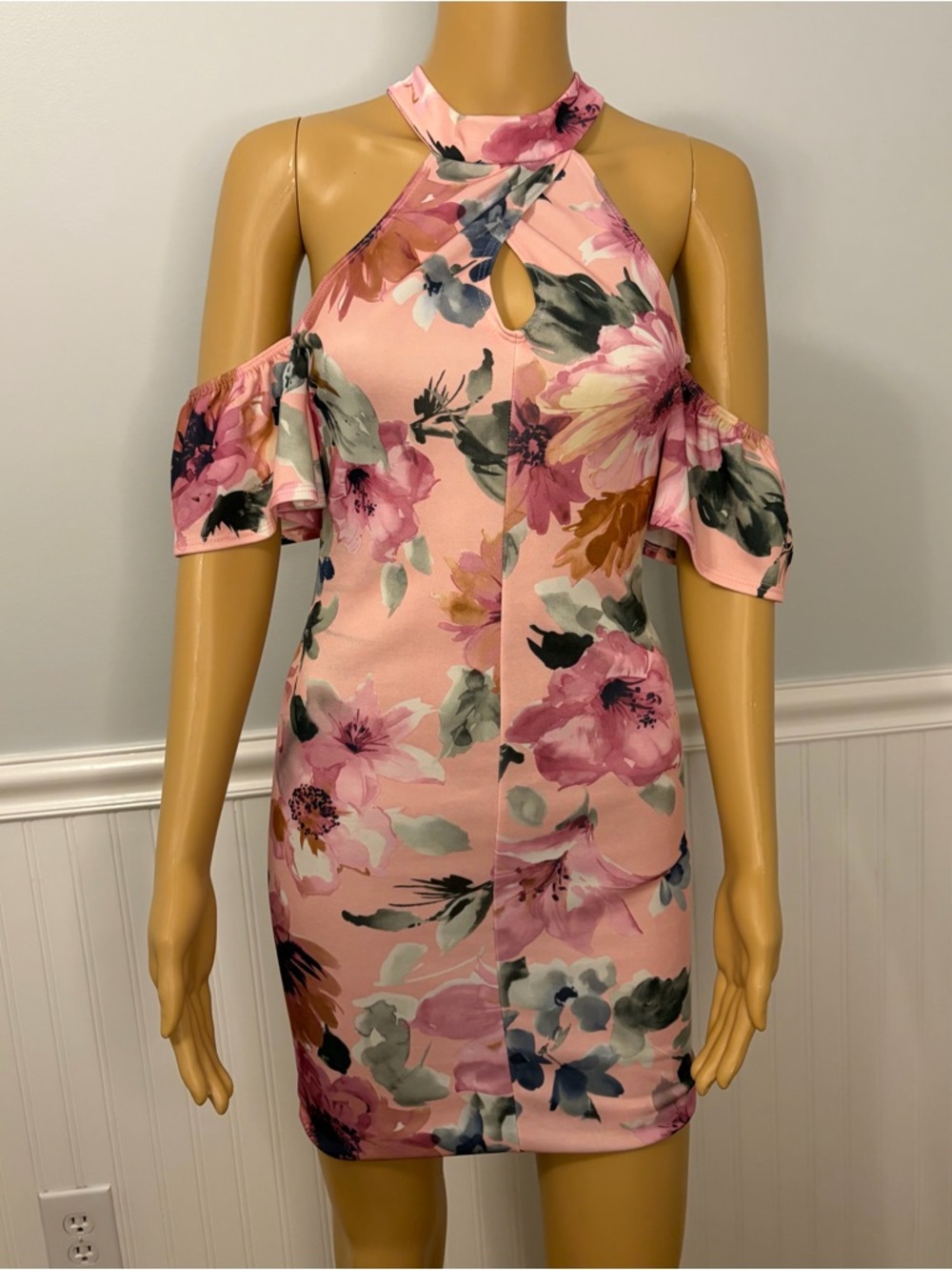 Pink Floral Cold-Shoulder Dress, small